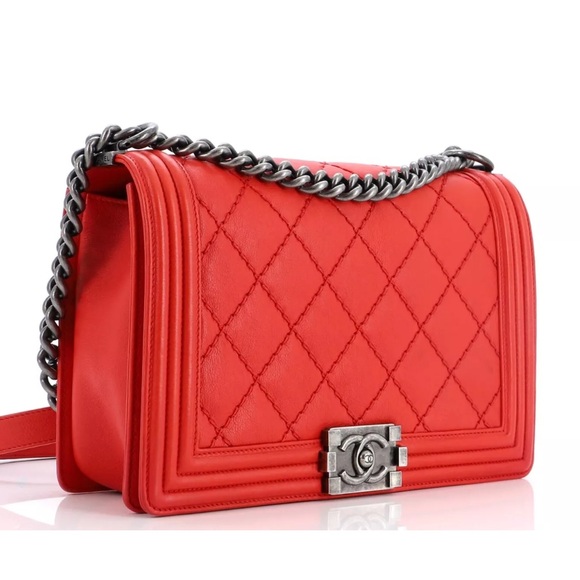 CHANEL BOY Chain Wild Stitch Quilted Shoulder Bag Red Medium 3 Chanel wallets - Picture 4 of 14